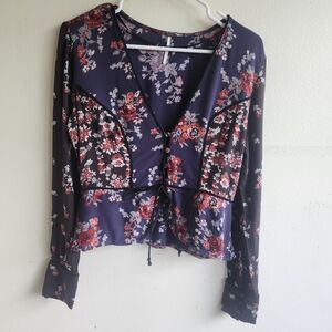 Free People Floral Cropped Button Down Long Sleeves Top, Small